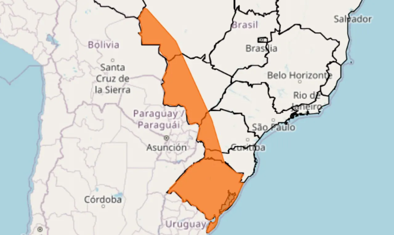 O mapa mostra as &aacute;reas em alerta laranja para vendaval